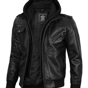 Edinburgh Mens Black Bomber Leather Jacket With Removable Hood