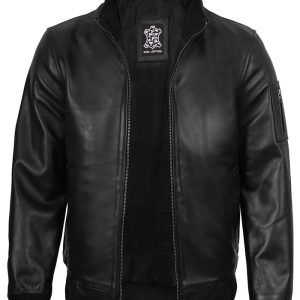 Mens Black Real Cowhide Leather Bomber Jacket