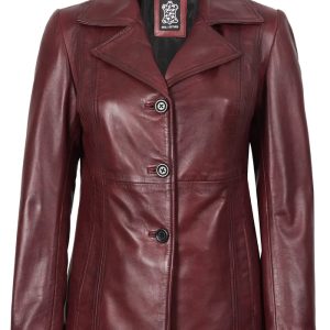 Women's Real Leather Burgundy Blazer with Three Button