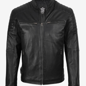 Men’s Real Leather Cafe Racer Jacket with Padded Shoulders