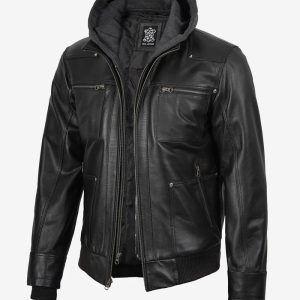 Mens Black Bomber Leather Jacket with Removable Hood