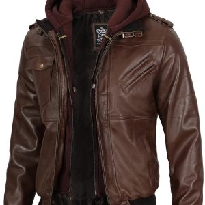Edinburgh Men's Dark Brown Leather Bomber Jacket With Removable Hood