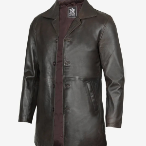 Tall Men's Distressed Dark Brown Leather Car Coat