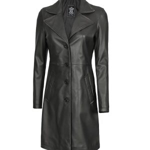 Women's Tall Black 3/4 Length Leather Coat