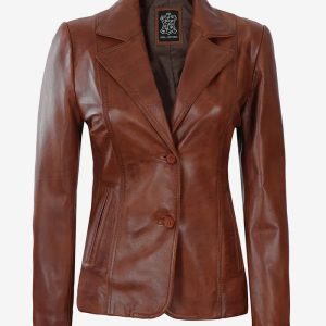 Women's Two Button Cognac Leather Blazer