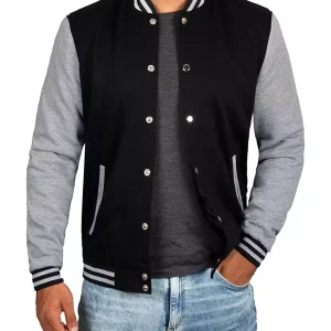 Letover Men’s Black Varsity Baseball Jacket – Grey Sleeves Bomber Style