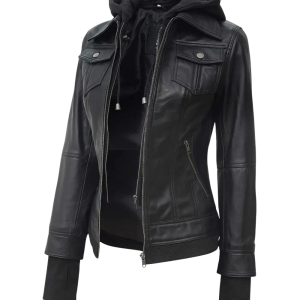 The Éloise Womens Black Bomber Leather Jacket with Removable Hood