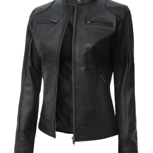 Women’s Black Lambskin Leather Zip-Up Biker Jacket