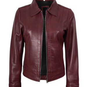 Womens Shirt Collar Burgundy Leather Jacket