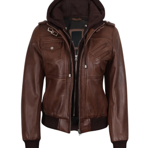 Women’s Cognac Leather Bomber Jacket with Removable Hood