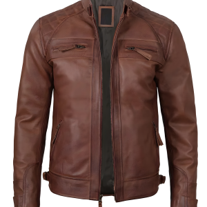 Men’s Quilted Shoulder Cognac Motorcycle Leather Jacket