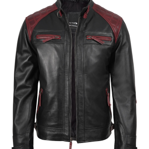 Men’s Black & Maroon Quilted Shoulder Biker Leather Jacket