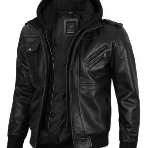 Men’s Black Lambskin Bomber Jacket with Detachable Hoodie