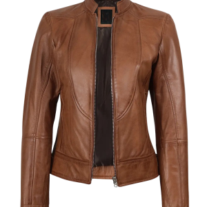 Women’s Waxed Tan Slim Fit Biker Leather Jacket