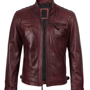 Men’s Burgundy Biker Leather Jacket with Quilted Shoulders