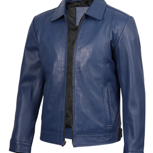 Men’s Classic Blue Zip-Up Leather Shirt Collar Jacket