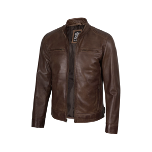 Men's Coffee Brown Waxed Cafe Racer Real Leather Jacket