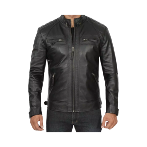 Men’s Tall Black Motorcycle Leather Jacket with Quilted Shoulders