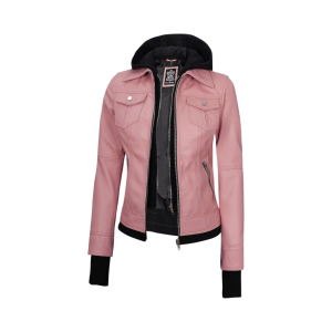 Tralee Women's Bomber Pink Real Leather Jacket with Hood