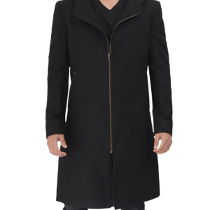 Men’s wool zip-up hooded coat in black