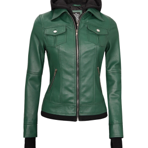 Tralee Women’s Green Genuine Leather Jacket with Hood