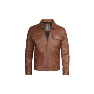 Cognac Brown Lambskin Leather Jacket Shirt Collar For Men