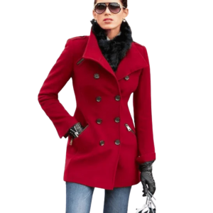Double Breasted Red Wool Blend Coat for Women